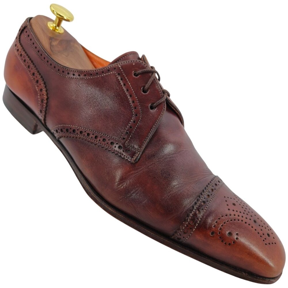 Santoni Italy Antiqued Brown Leather Dress Shoes 8 Cap-toe Brogue Derby Oxfords